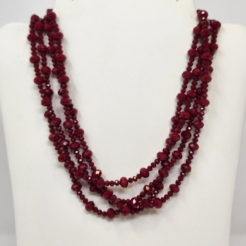 Lovisa Deep Red Faceted Glass Bead Necklace Multi Strand Layered Adjustable